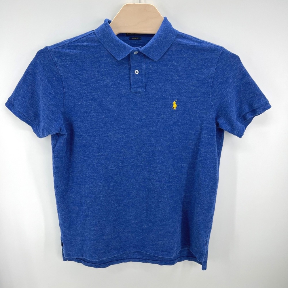 Polo Ralph Lauren Shirt Mens‎ XL Blue Custom Fit Heathered Cotton Yellow Pony